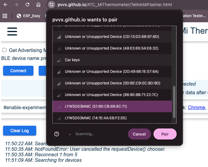 Nettemp config – BLE active device selection