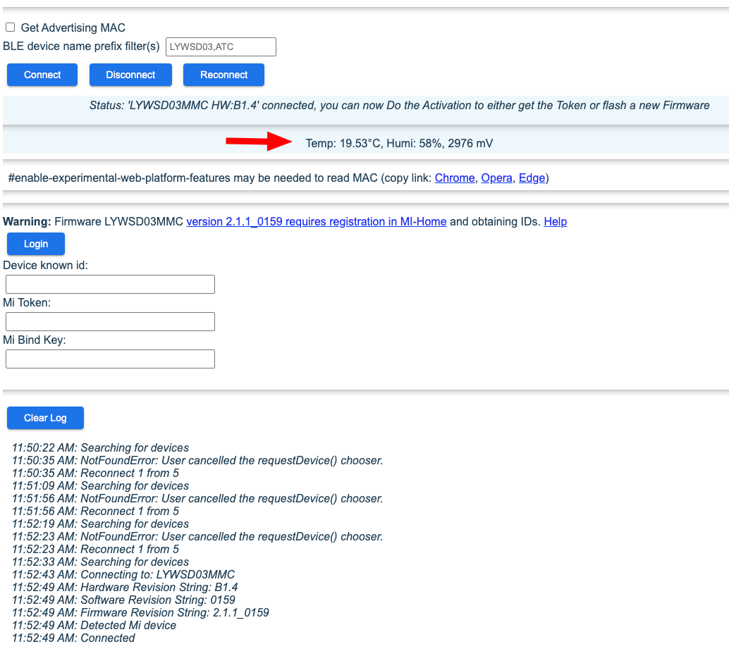 Nettemp config – lista czujników BLE (active)